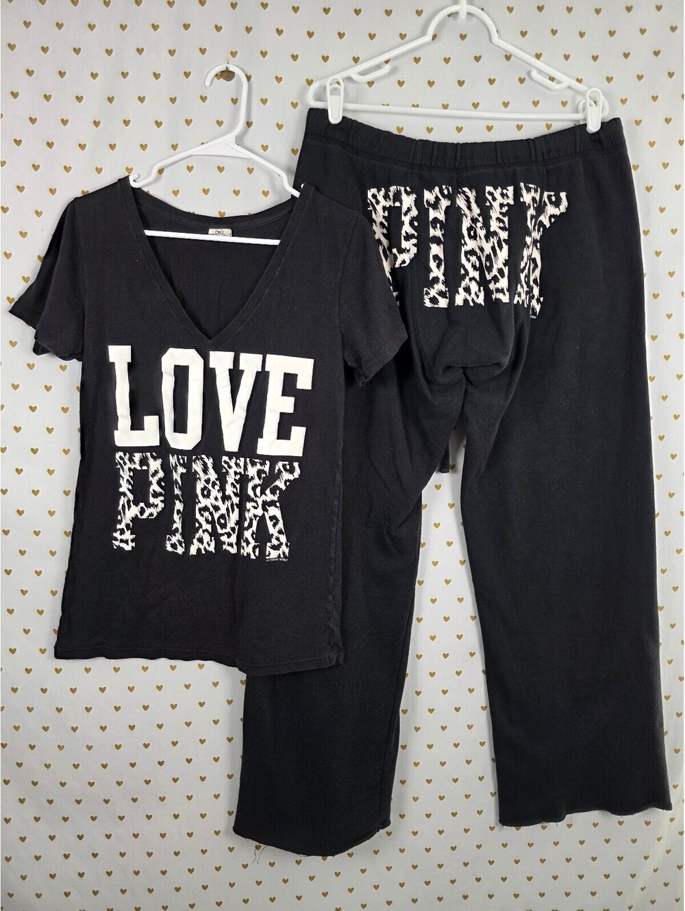 Vintage Victoria’s Secret PINK LOVE PINK Leopard Tee Sweatpants Set L M Y2K